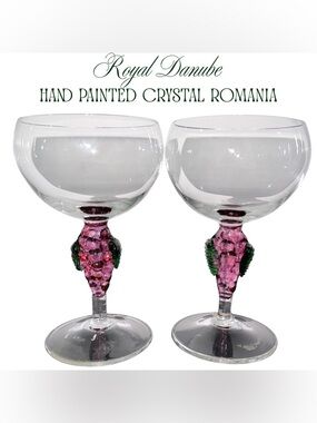 Pair Royal Danube Hand Painted Crystal Wine Glasses Grapes Romania Vintage